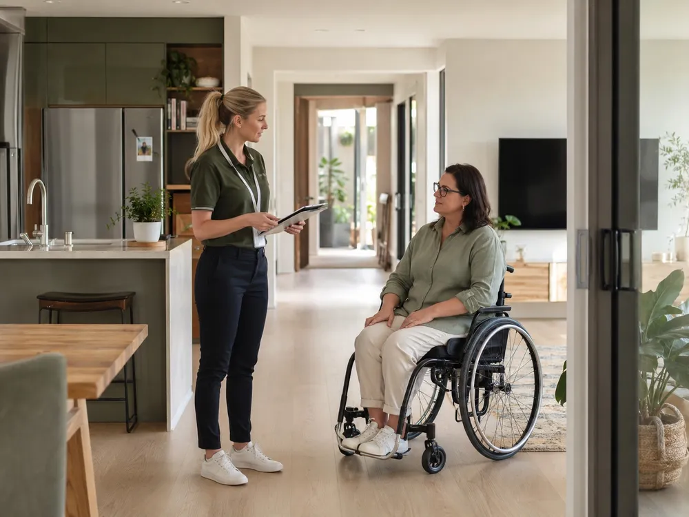 Occupational therapist completing an in-home SDA assessment with a participant who uses a wheelchair, in their home