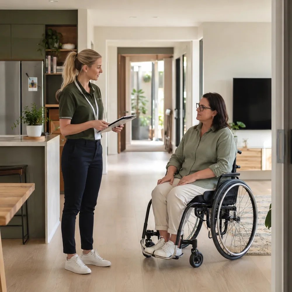 Occupational therapist completing an in-home SDA assessment with a participant who uses a wheelchair, in their home